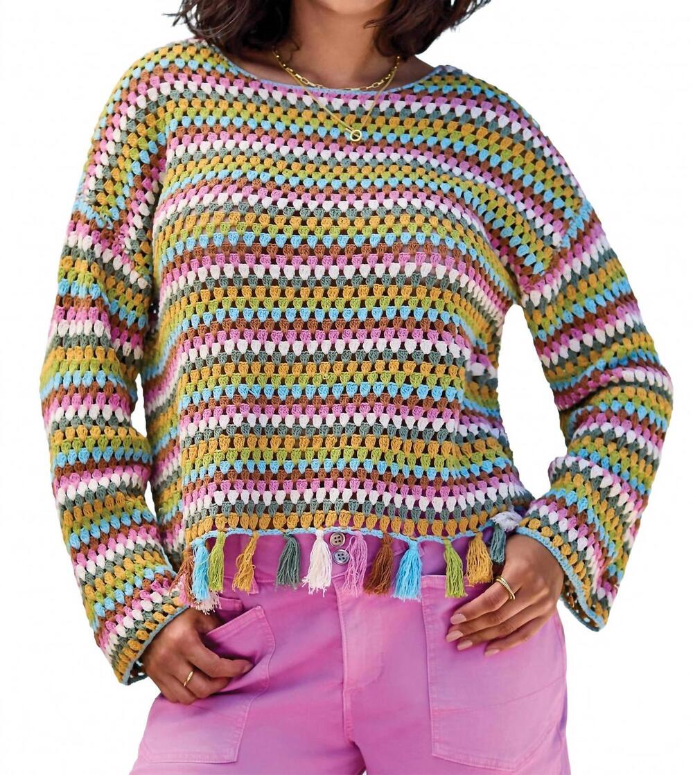 NEW TRIBAL bell sleeve sweater with tassel trim in aqua sky